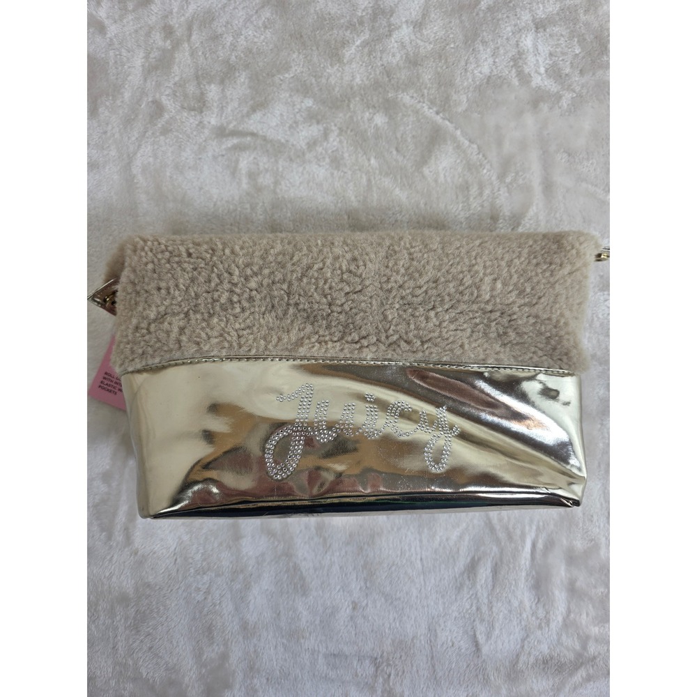 Juicy Couture Gold Metallic Faux Shearling Cosmetic Bag Toiletry Travel Case NEW